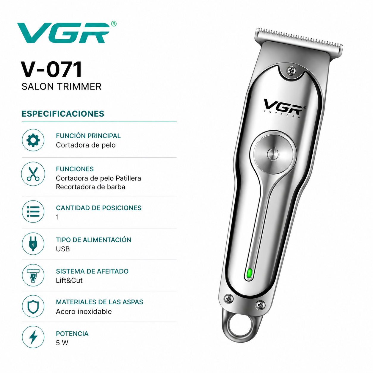 Maquina Corta Pelo Barba Vgr V-071 Profesional Recargable Color Plateado