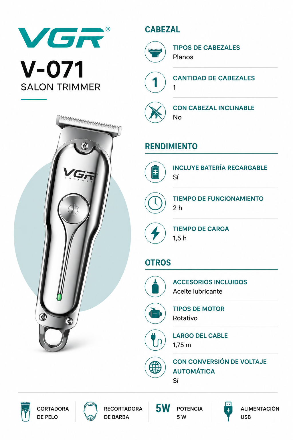 Maquina Corta Pelo Barba Vgr V-071 Profesional Recargable Color Plateado