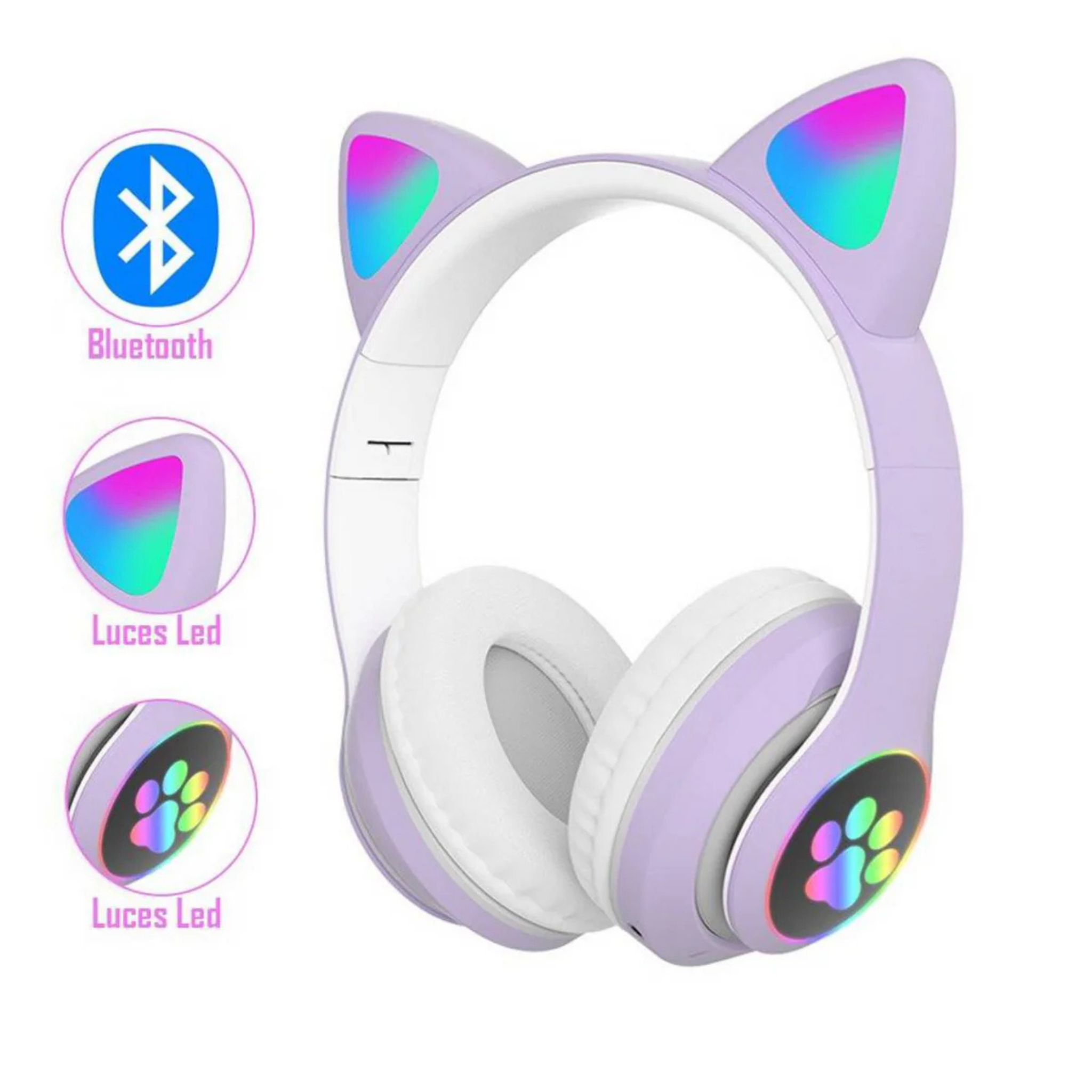 Auriculares Bluetooth Manos Libres para Niños Orejas de Gatito & Luces Color Lila