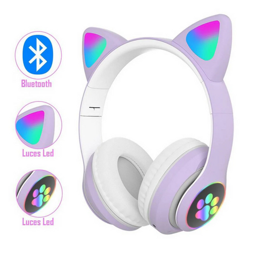 Auriculares Bluetooth Manos Libres para Niños Orejas de Gatito & Luces Color Lila