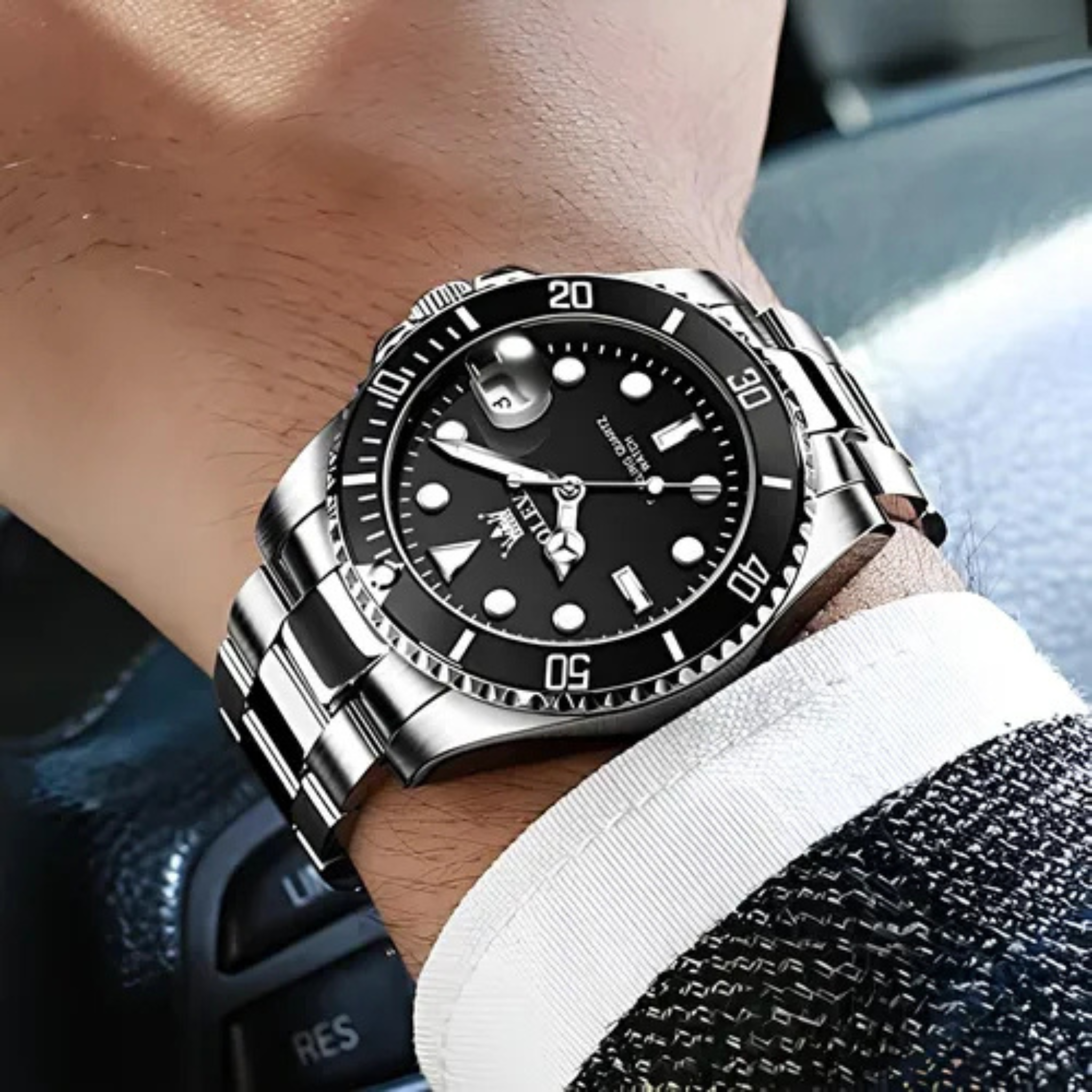 Reloj De Lujo Para Hombre Elegante Marca Olevs Malla Acero Plateado Con Dorado Verde