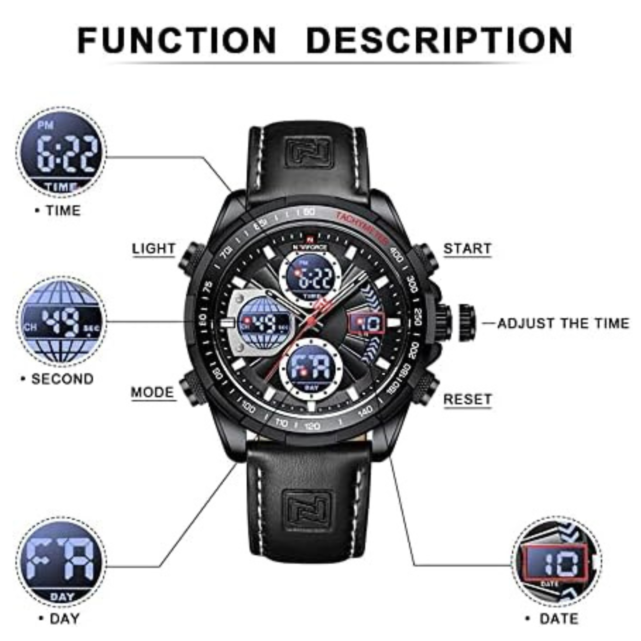 Reloj Naviforce Original de Cuero 9197 color Negro