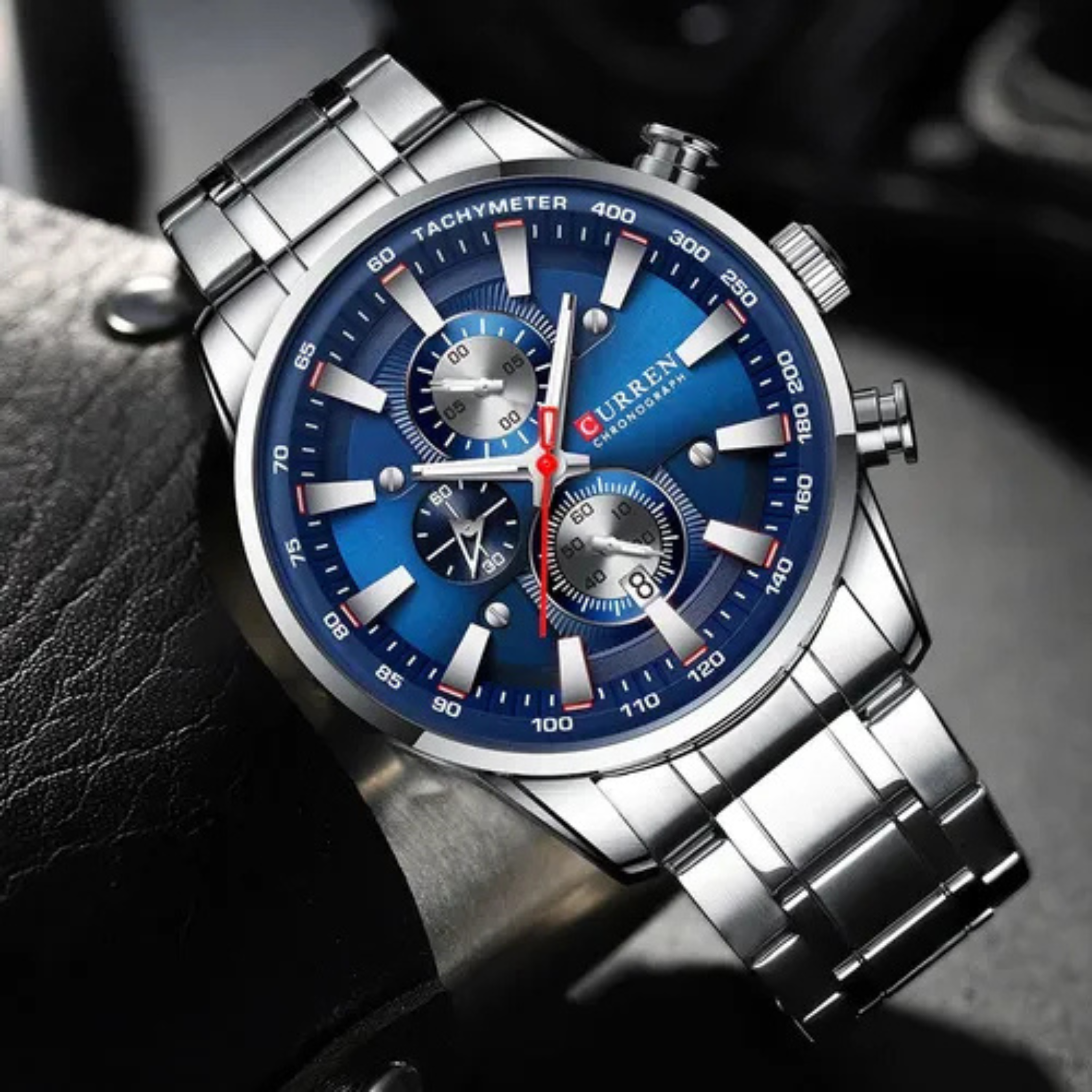 Curren 8351 pulsera de cuarzo azul de acero inoxidable para hombre, correa de reloj color plata