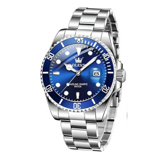 Reloj De Lujo Para Hombre Elegante Marca Olevs Malla Acero Plateado Color AZul