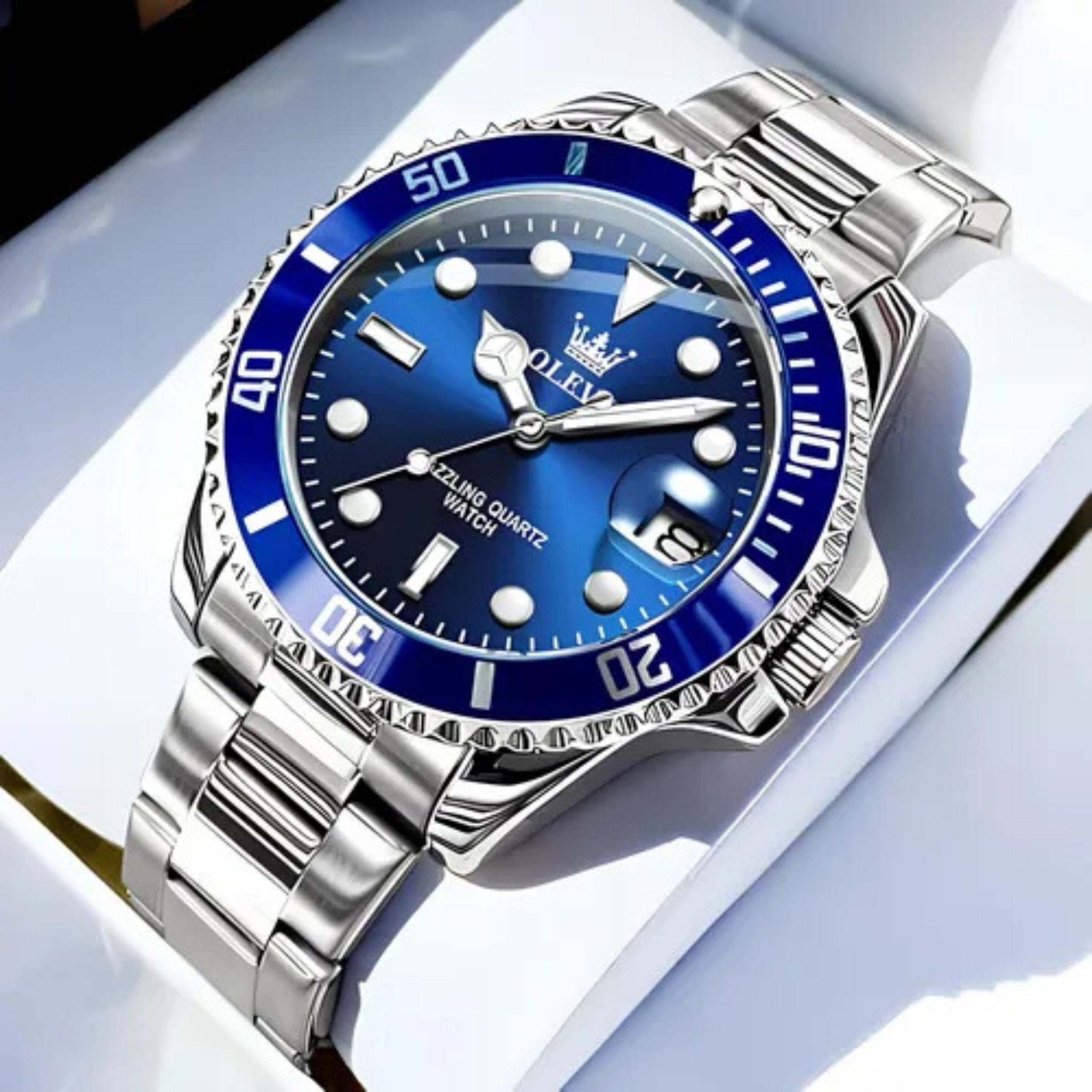 Reloj De Lujo Para Hombre Elegante Marca Olevs Malla Acero Plateado Con Dorado Verde