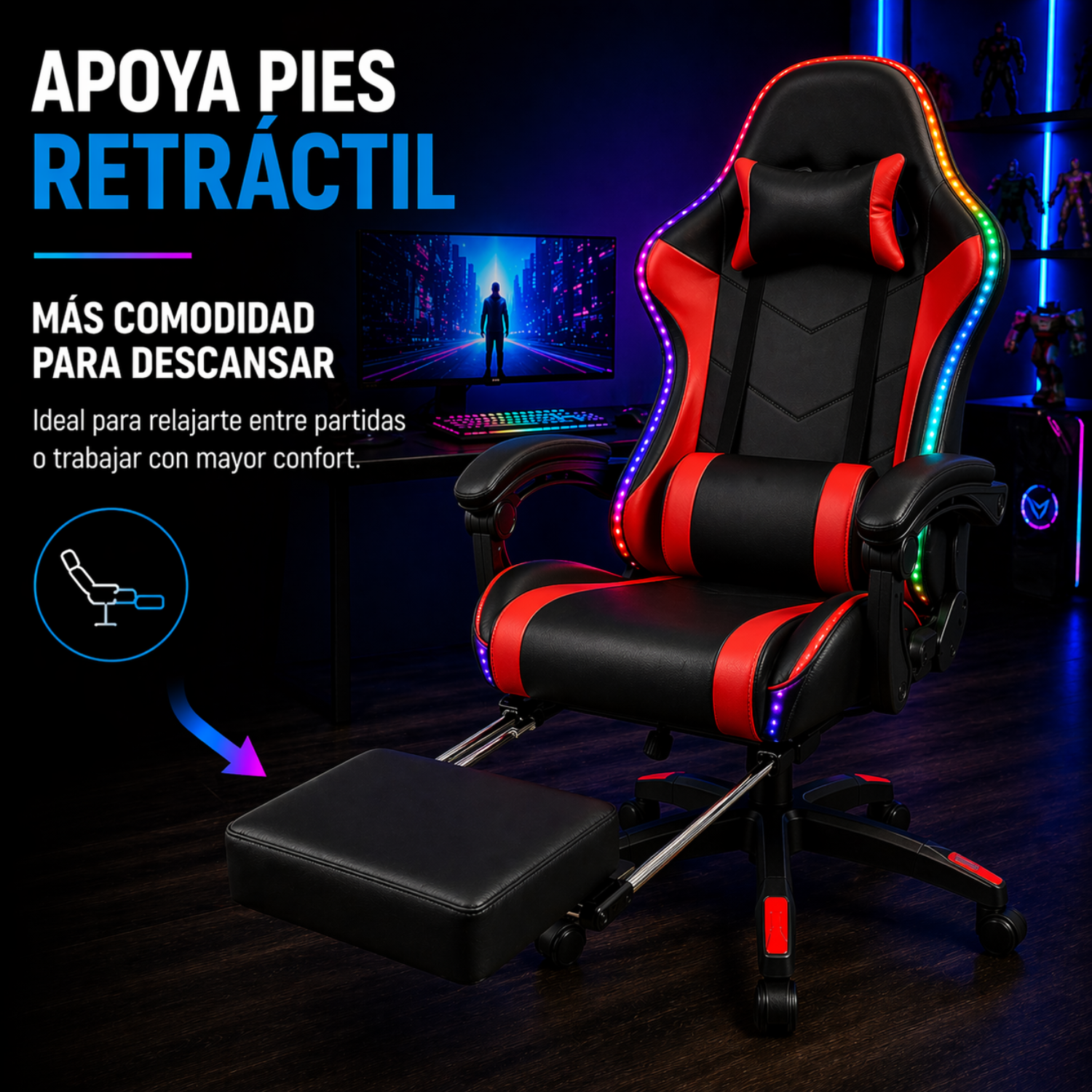 Silla Gamer Ergonómica Reclinable Luces Rgb Con Apoya Pies