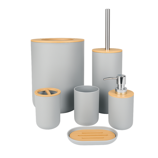 Juego Set De Accesorios Completo Baño 6 Piezas Bambu Premium Gris