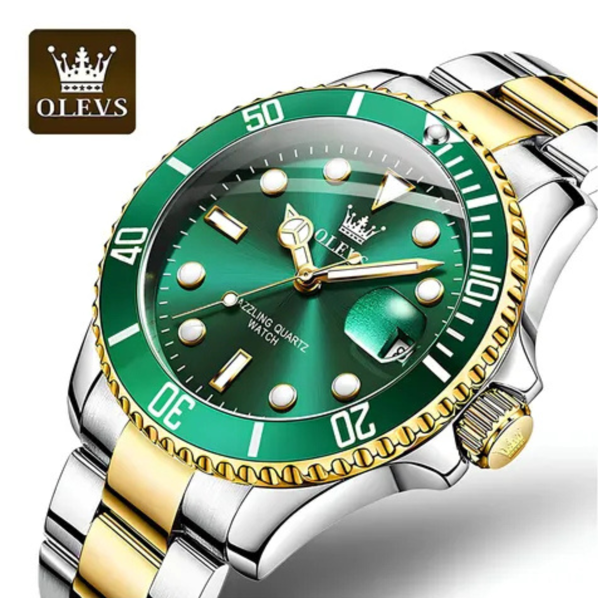 Reloj De Lujo Para Hombre Elegante Marca Olevs Malla Acero Plateado Con Dorado Verde