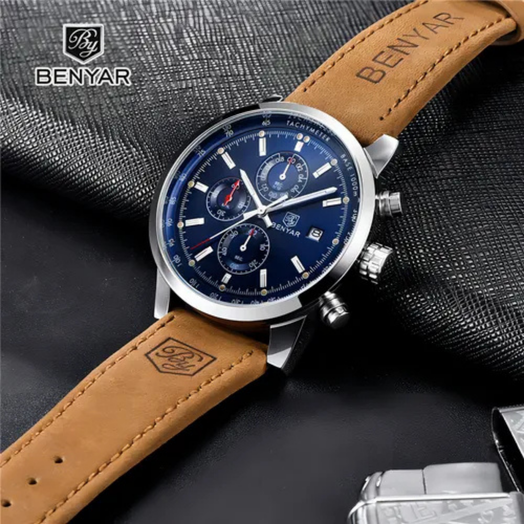 Benyar Reloj Blue para hombre, correa de piel y cristal de cuarzo