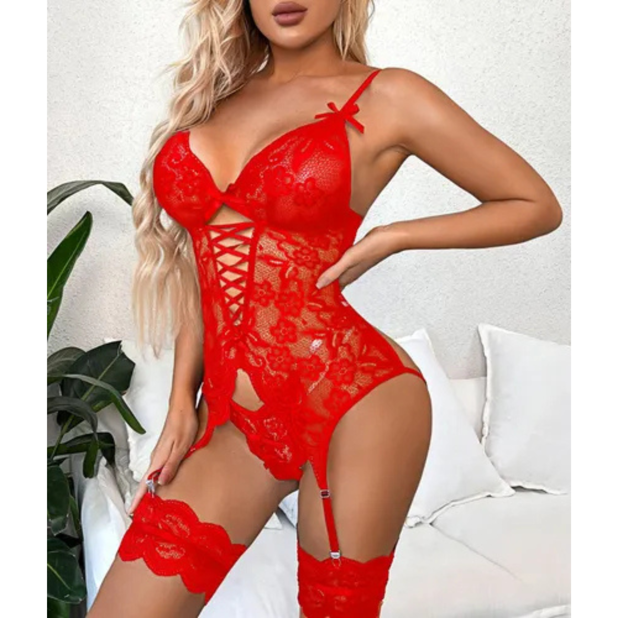 Conjunto Ropa Interior 3250 Encaje Lencería 3 Piezas Body Medias Rojo XL