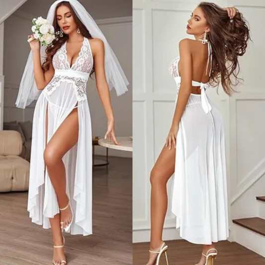 Vestido Lencería Sexy Mujer Encaje Transparente + Tanga Blanco Xl