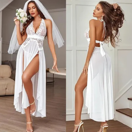 Vestido Lencería Sexy Mujer Encaje Transparente + Tanga Blanco Xl