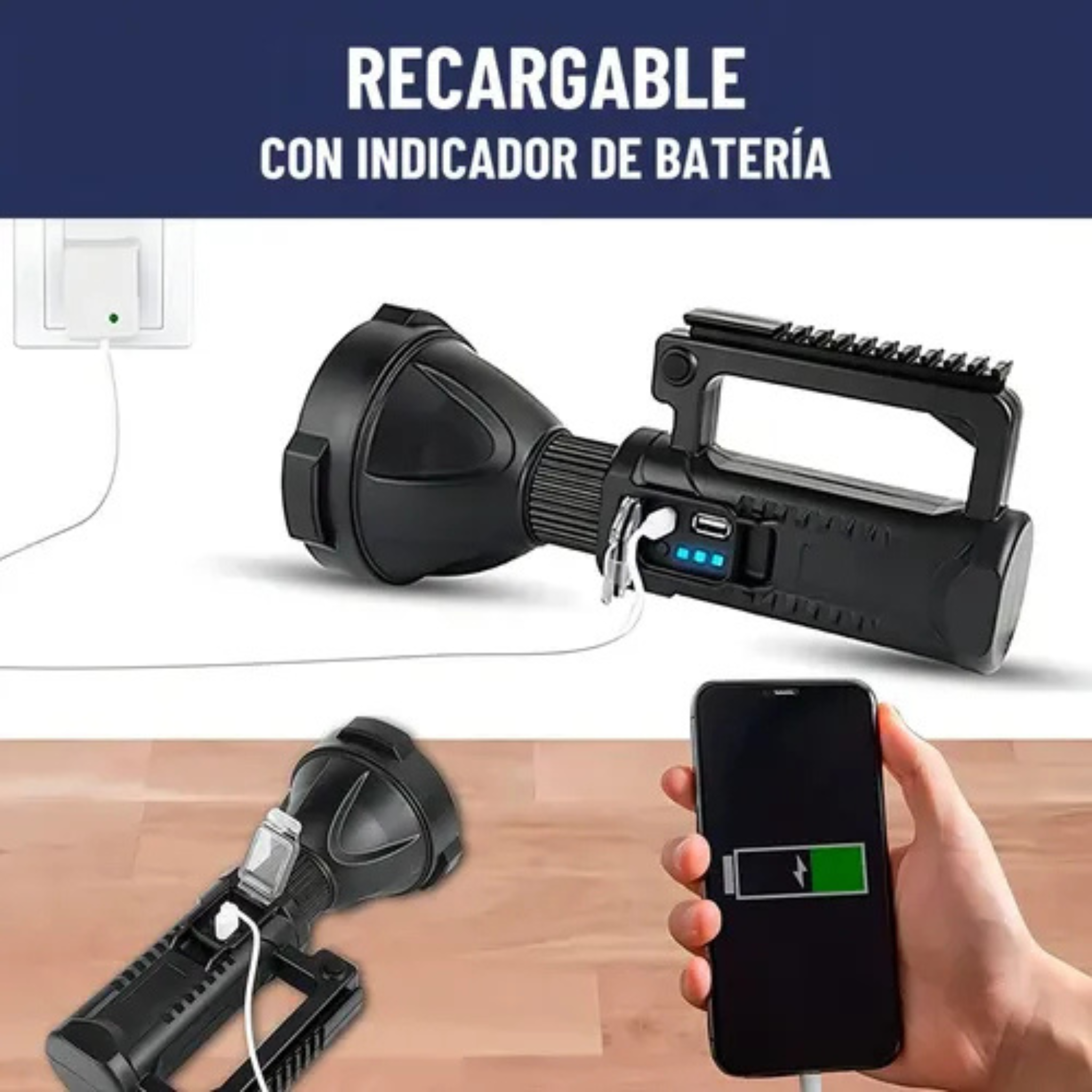 Foco Reflector Led Linterna Largo Alcance Batería Recargable color negro