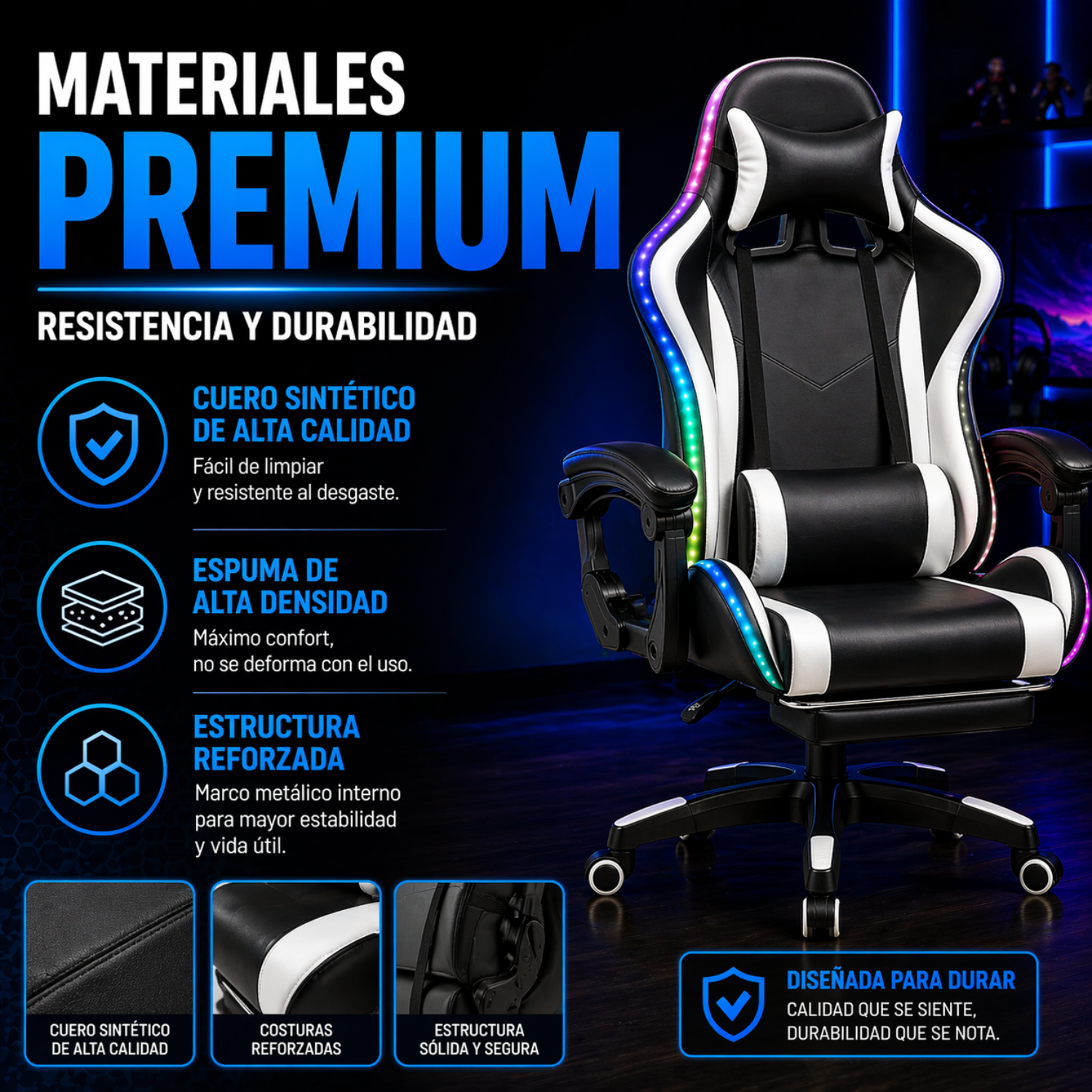 Silla Gamer Ergonómica Reclinable Luces Rgb Con Apoya Pies