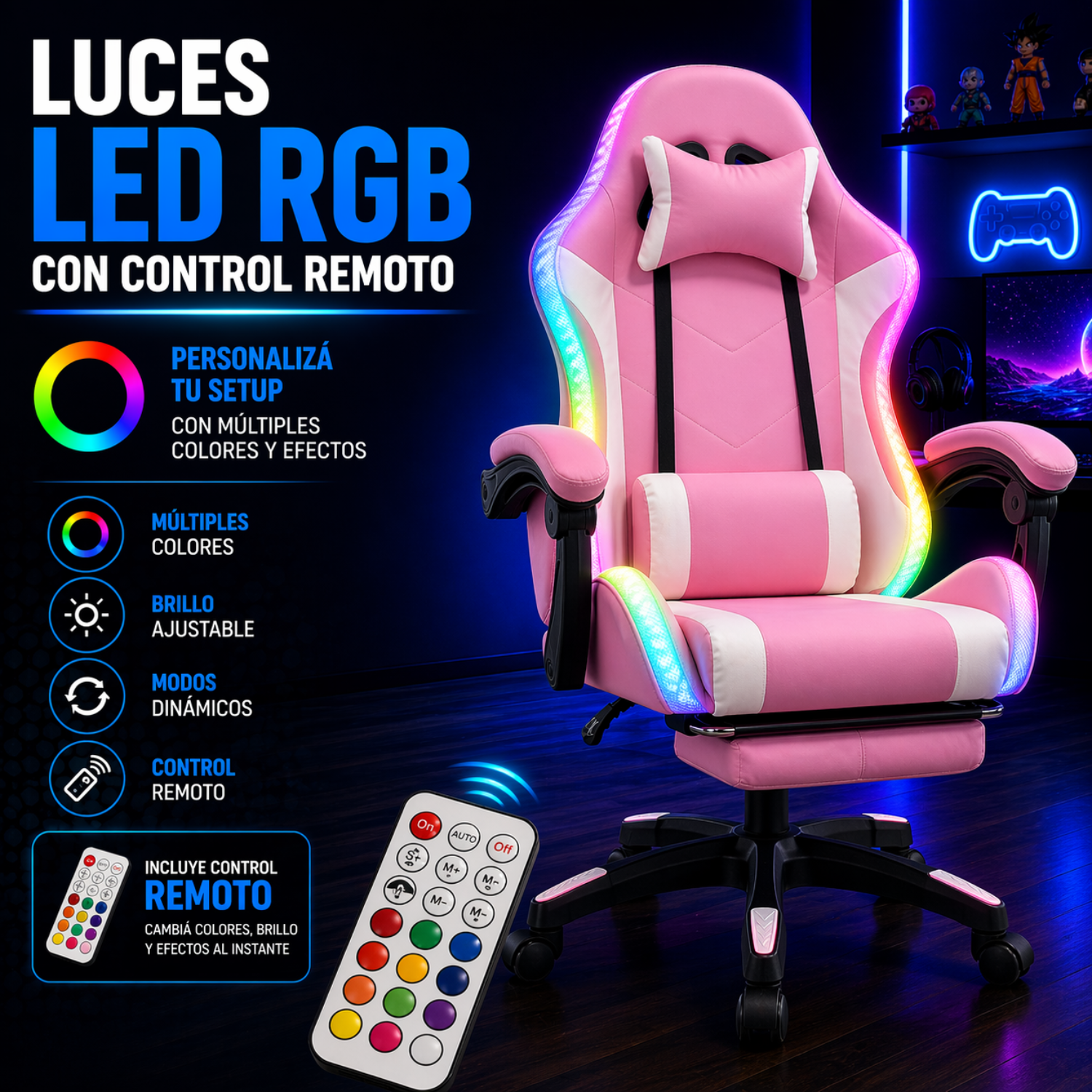 Silla Gamer Ergonómica Reclinable Luces Rgb Con Apoya Pies