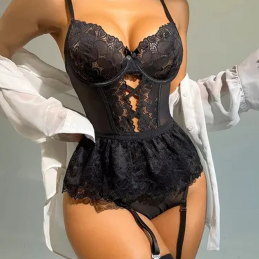 Conjunto Lencería Sexy 3 Piezas Encaje Body-ligas-medias Rojo 3445