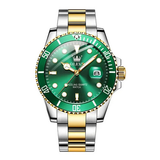 Reloj De Lujo Para Hombre Elegante Marca Olevs Malla Acero Plateado Con Dorado Verde
