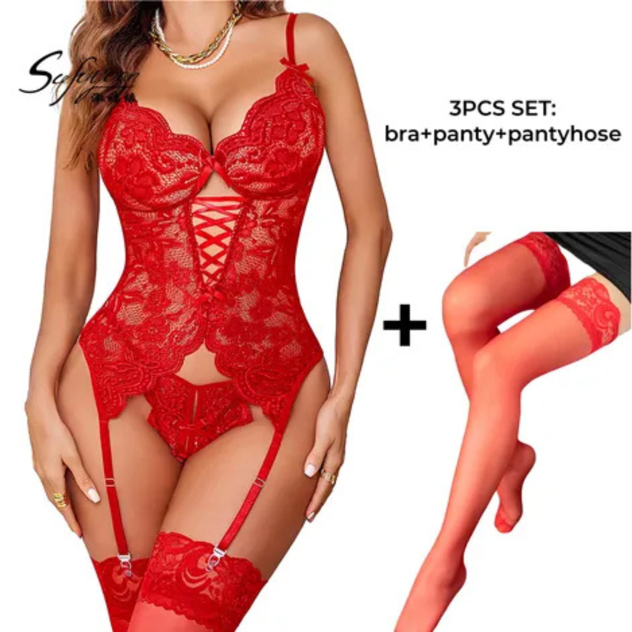 Conjunto Ropa Interior 3250 Encaje Lencería 3 Piezas Body Medias Rojo XL