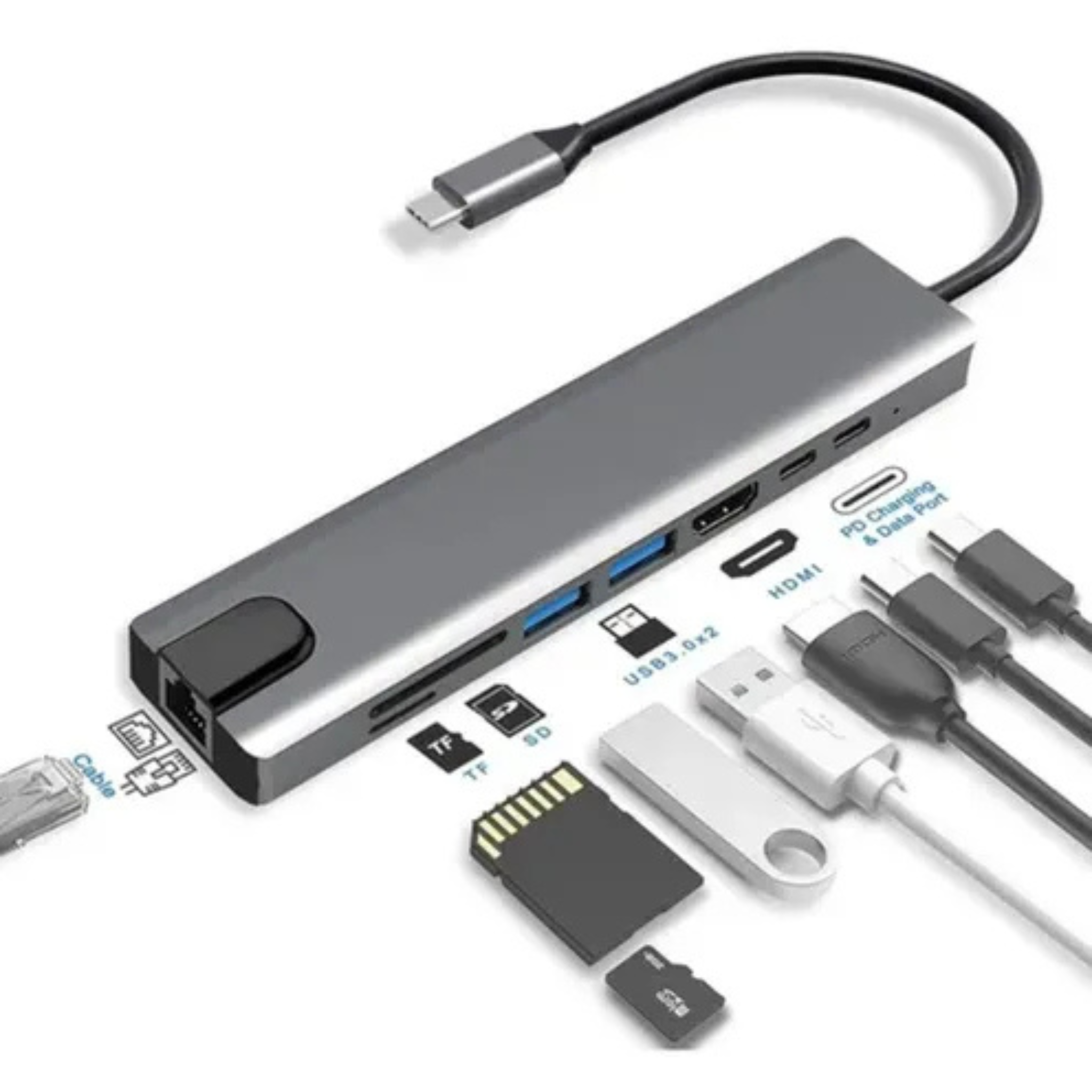 Adaptador Hub Usb-c 8 En 1 Hdmi Ethernet Lector De Memorias Plateado