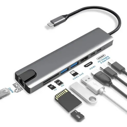 Adaptador Hub Usb-c 8 En 1 Hdmi Ethernet Lector De Memorias Plateado