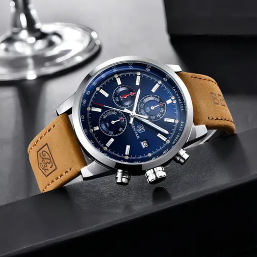 Benyar Reloj Blue para hombre, correa de piel y cristal de cuarzo