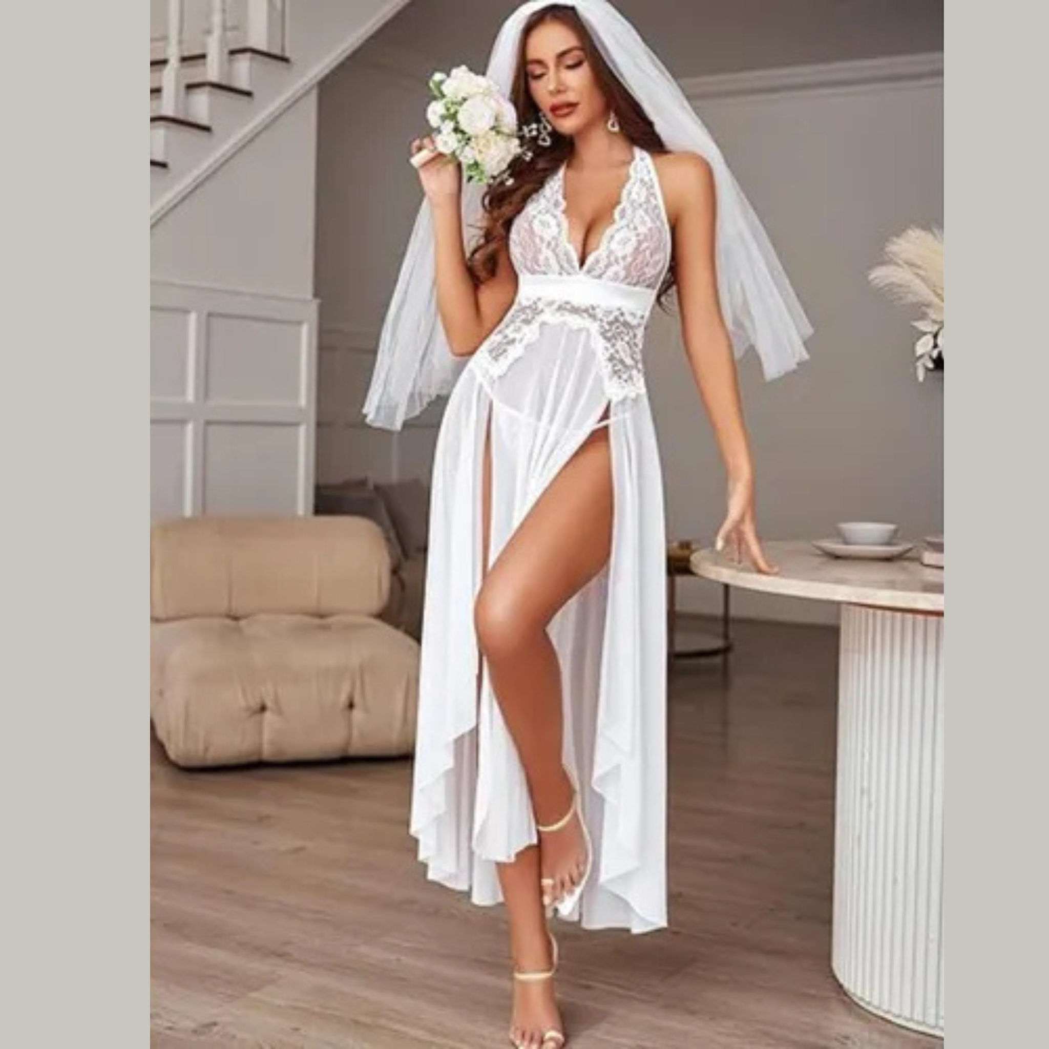 Vestido Lencería Sexy Mujer Encaje Transparente + Tanga Blanco Xl