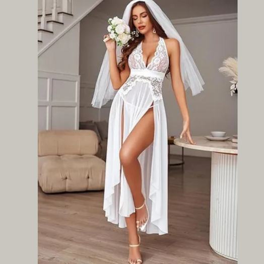 Vestido Lencería Sexy Mujer Encaje Transparente + Tanga Blanco Xl