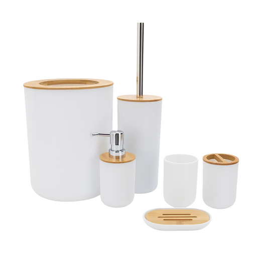 Juego Set De Accesorios Completo Baño 6 Piezas Bambu Premium Blanco