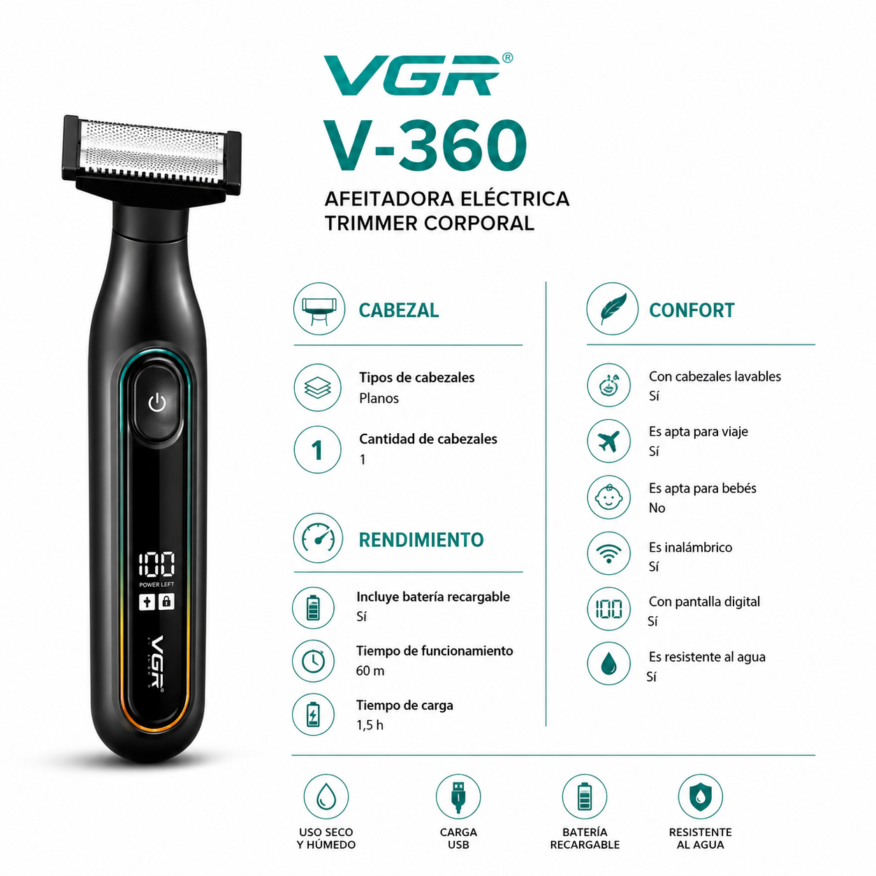 Afeitadora Eléctrica Hombre Trimmer Corporal Vgr V-360