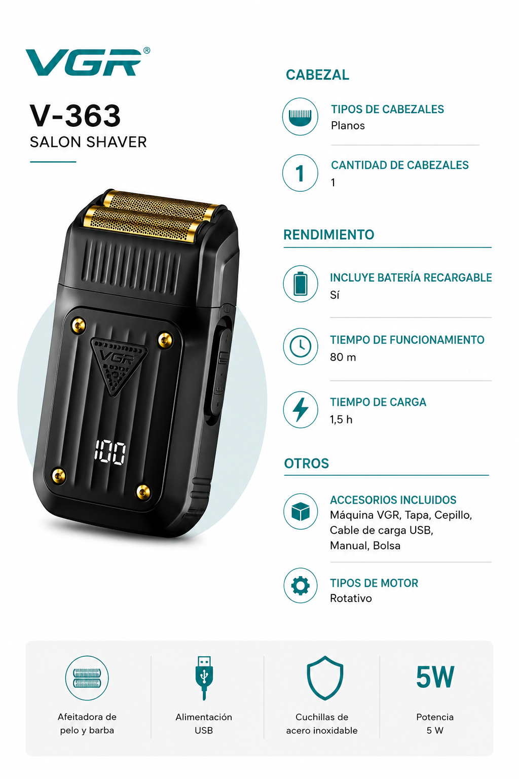 Afeitadora Shaver Eléctrica Inalámbrica Recargable VGR V-363