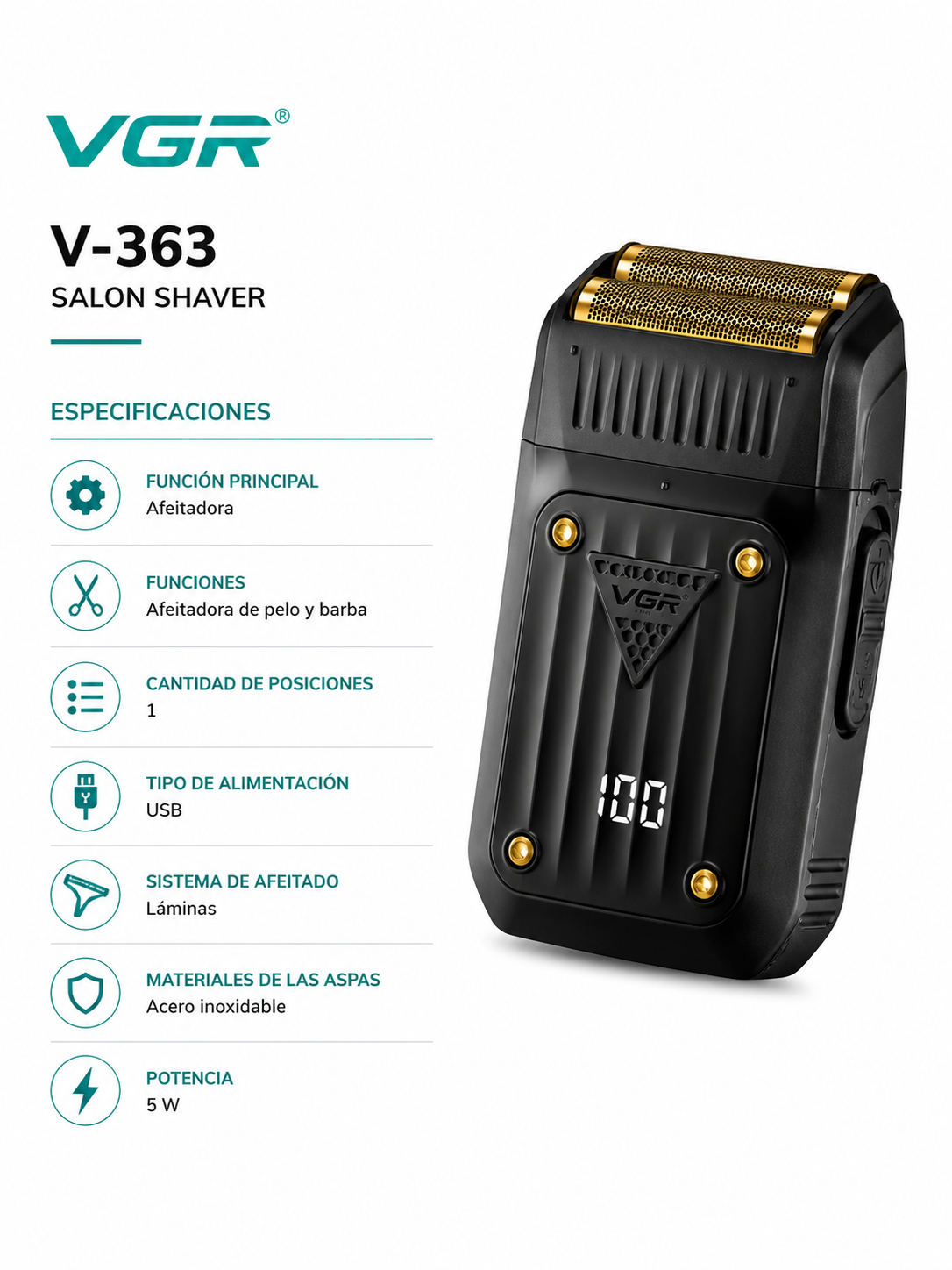 Afeitadora Shaver Eléctrica Inalámbrica Recargable VGR V-363