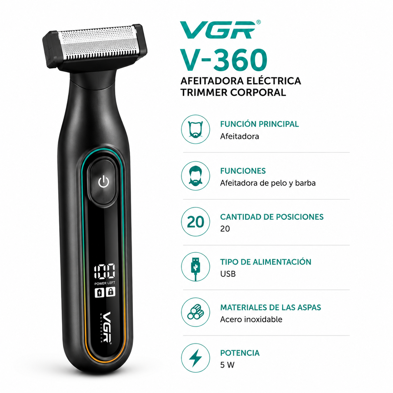 Afeitadora Eléctrica Hombre Trimmer Corporal Vgr V-360