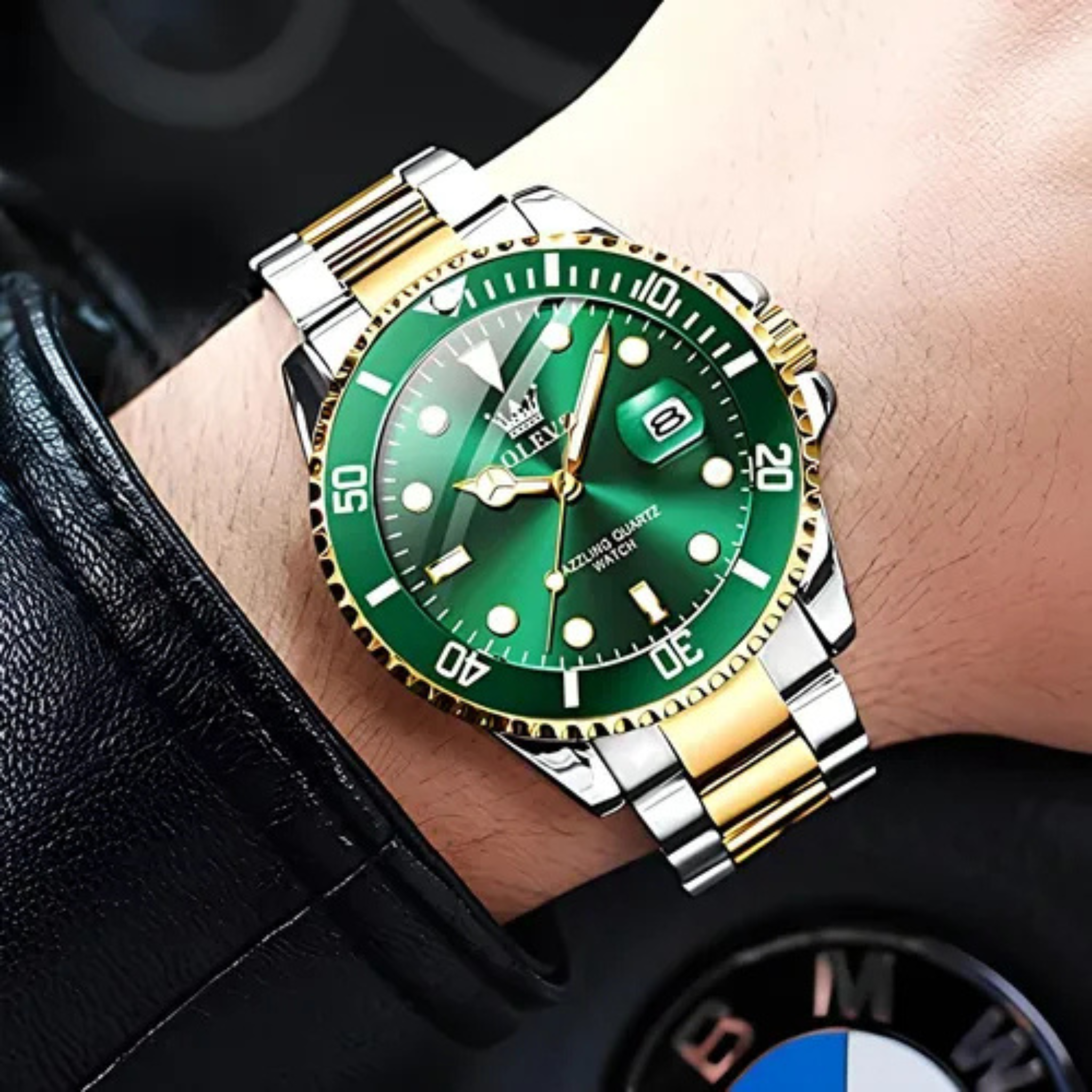 Reloj De Lujo Para Hombre Elegante Marca Olevs Malla Acero Plateado Con Dorado Verde