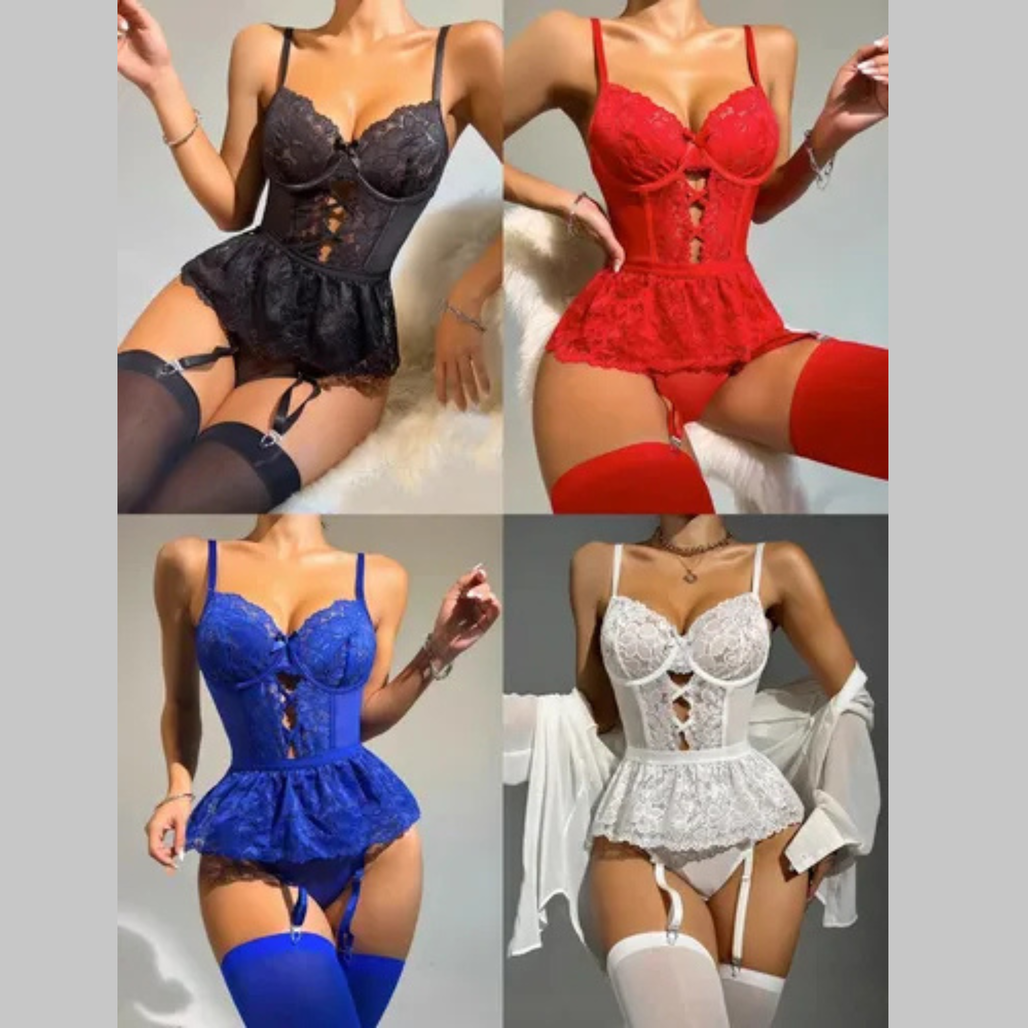 Conjunto Lencería Sexy 3 Piezas Encaje Body-ligas-medias Rojo 3445