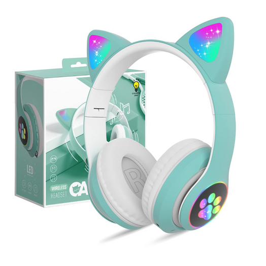 Auriculares Bluetooth Manos Libres para Niños Orejas de Gatito & Luces Color Verde