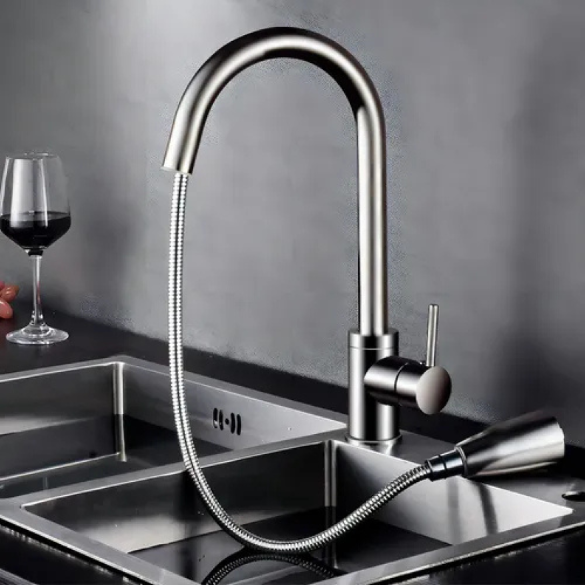 Canilla Monocomando Extensible Cocina 304 Acero Inoxidable Gris Mate