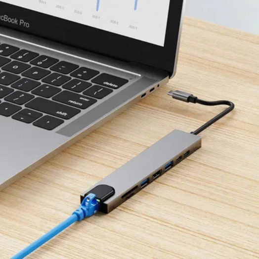 Adaptador Hub Usb-c 8 En 1 Hdmi Ethernet Lector De Memorias Plateado