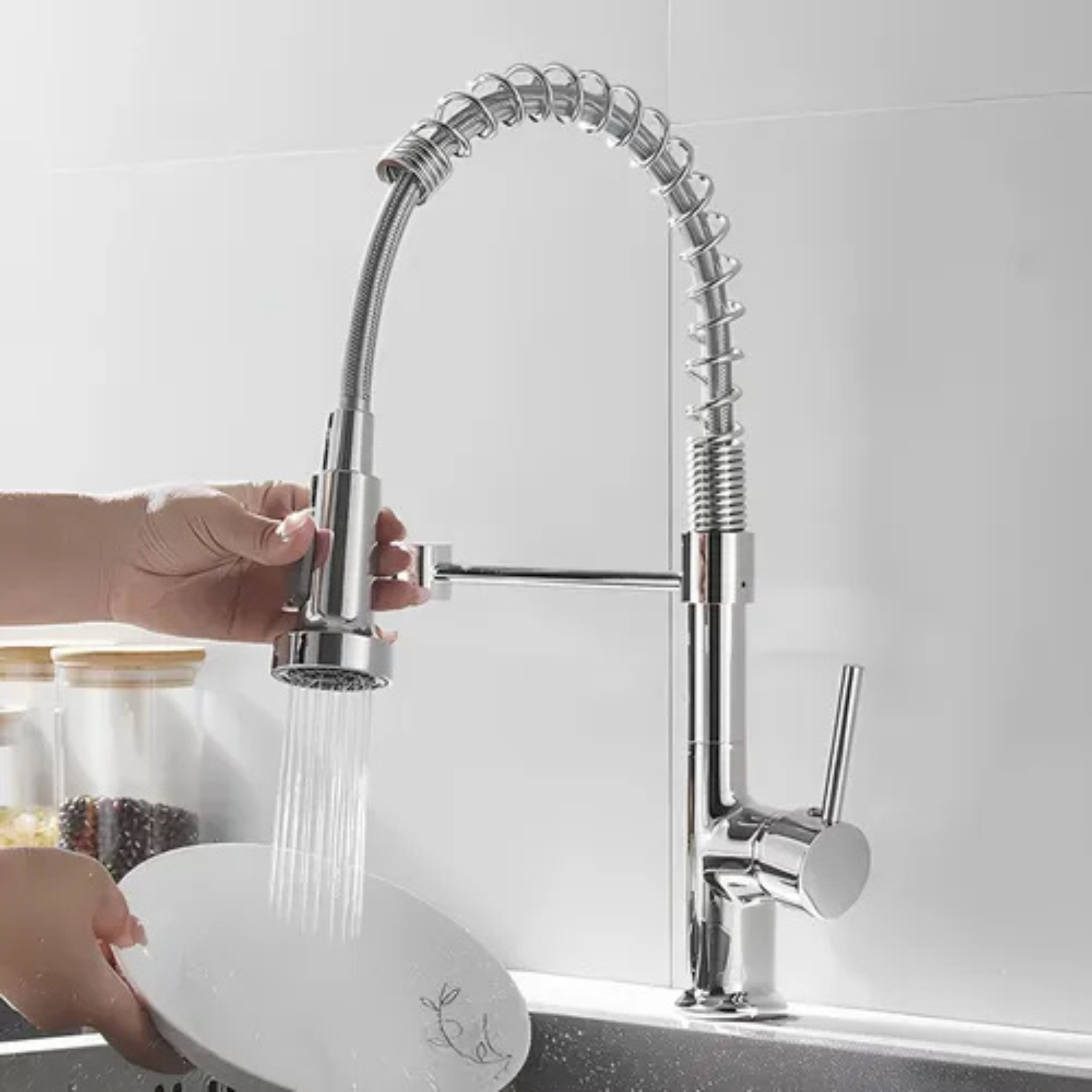 Canilla Grifo Monocomando Flexible Extensible Cocina Mesada Plateado Cromado