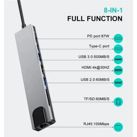 Adaptador Hub Usb-c 8 En 1 Hdmi Ethernet Lector De Memorias Plateado