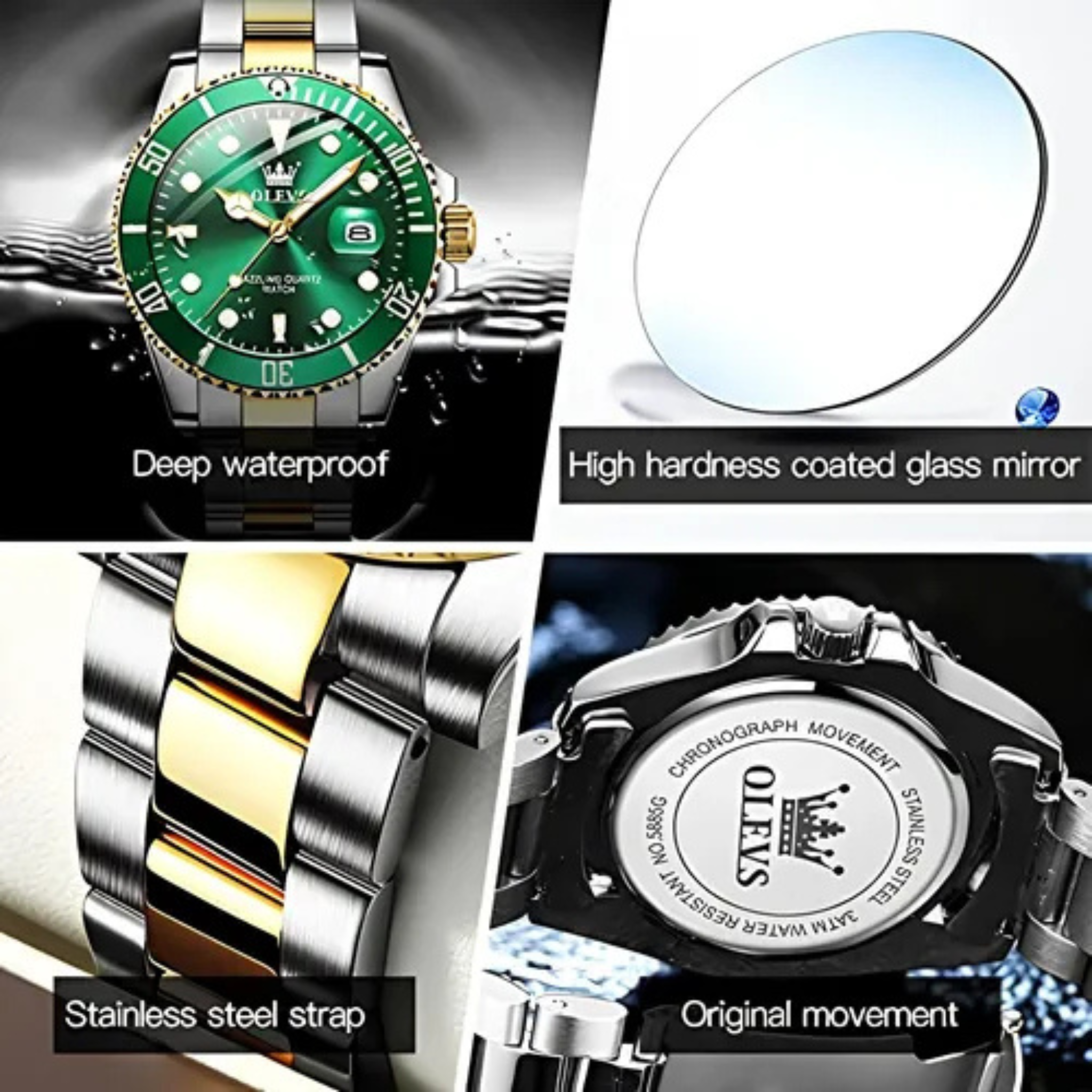 Reloj De Lujo Para Hombre Elegante Marca Olevs Malla Acero Plateado Con Dorado Verde