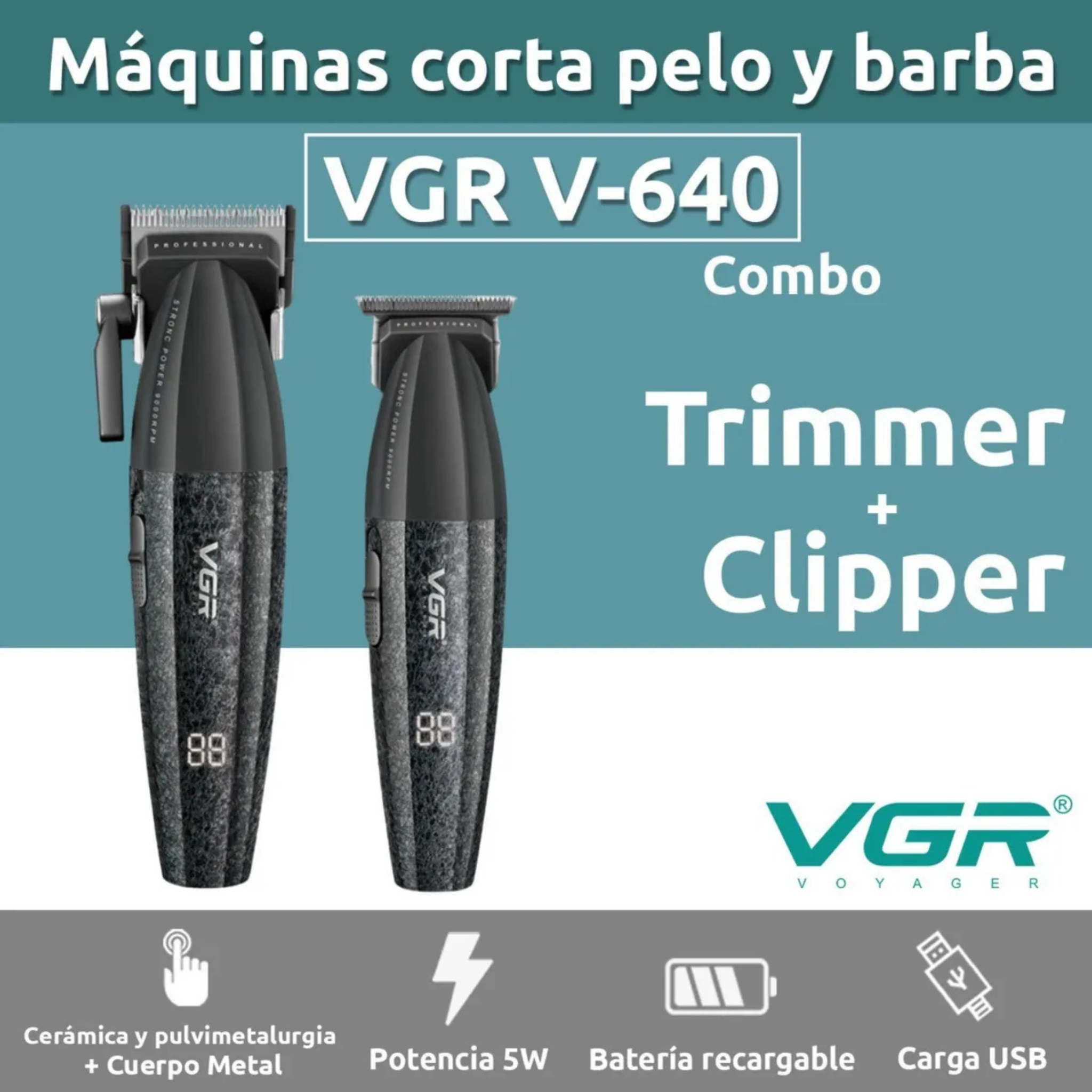 Kit Máquinas Barbería Clipper Trimmer Pro Vgr V-640 9000 Rpm Negro