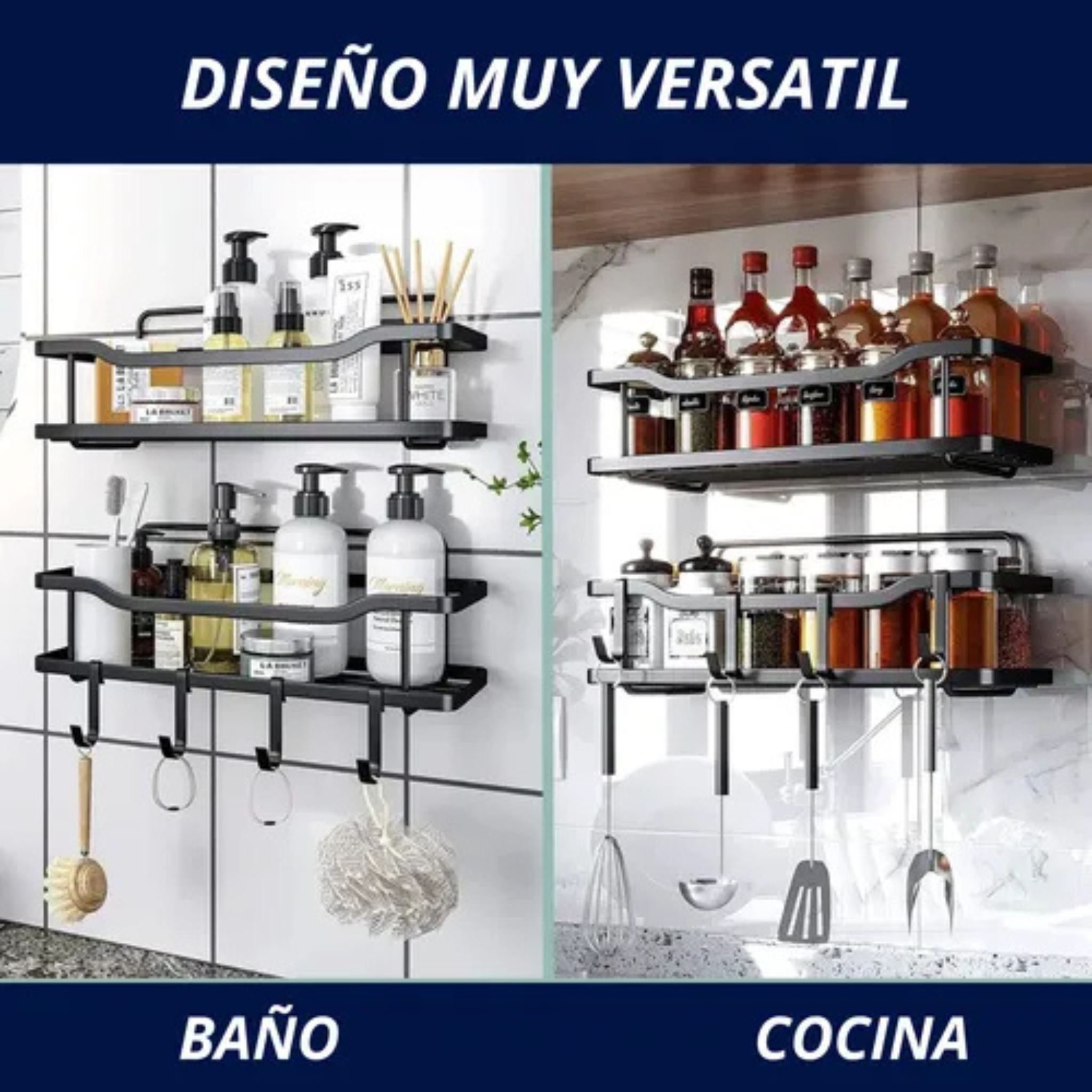 Organizador De Ducha Repisa Baño Set X2 Adhesivo Estantes Negro