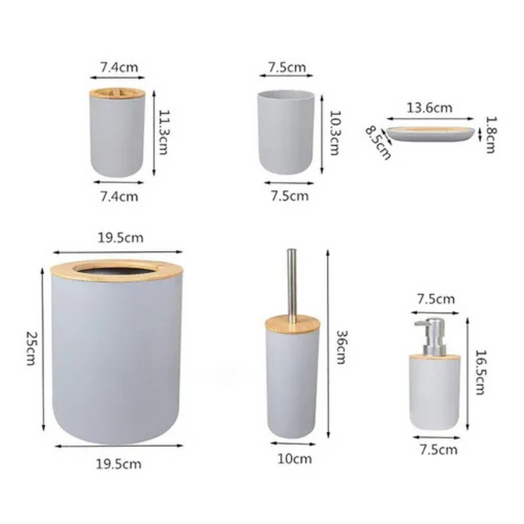 Juego Set De Accesorios Completo Baño 6 Piezas Bambu Premium Gris