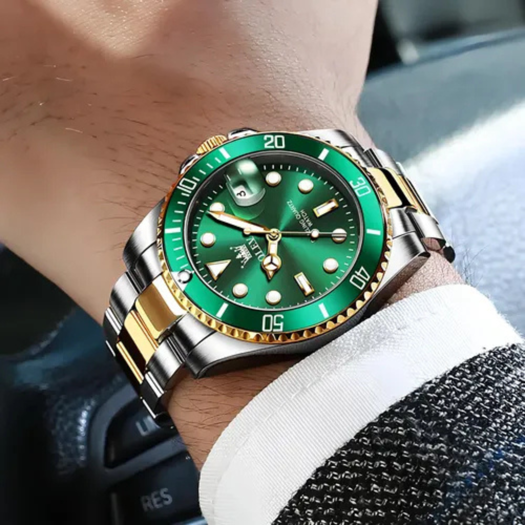 Reloj De Lujo Para Hombre Elegante Marca Olevs Malla Acero Plateado Con Dorado Verde