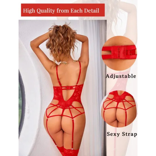 Conjunto Ropa Interior 3250 Encaje Lencería 3 Piezas Body Medias Rojo XL