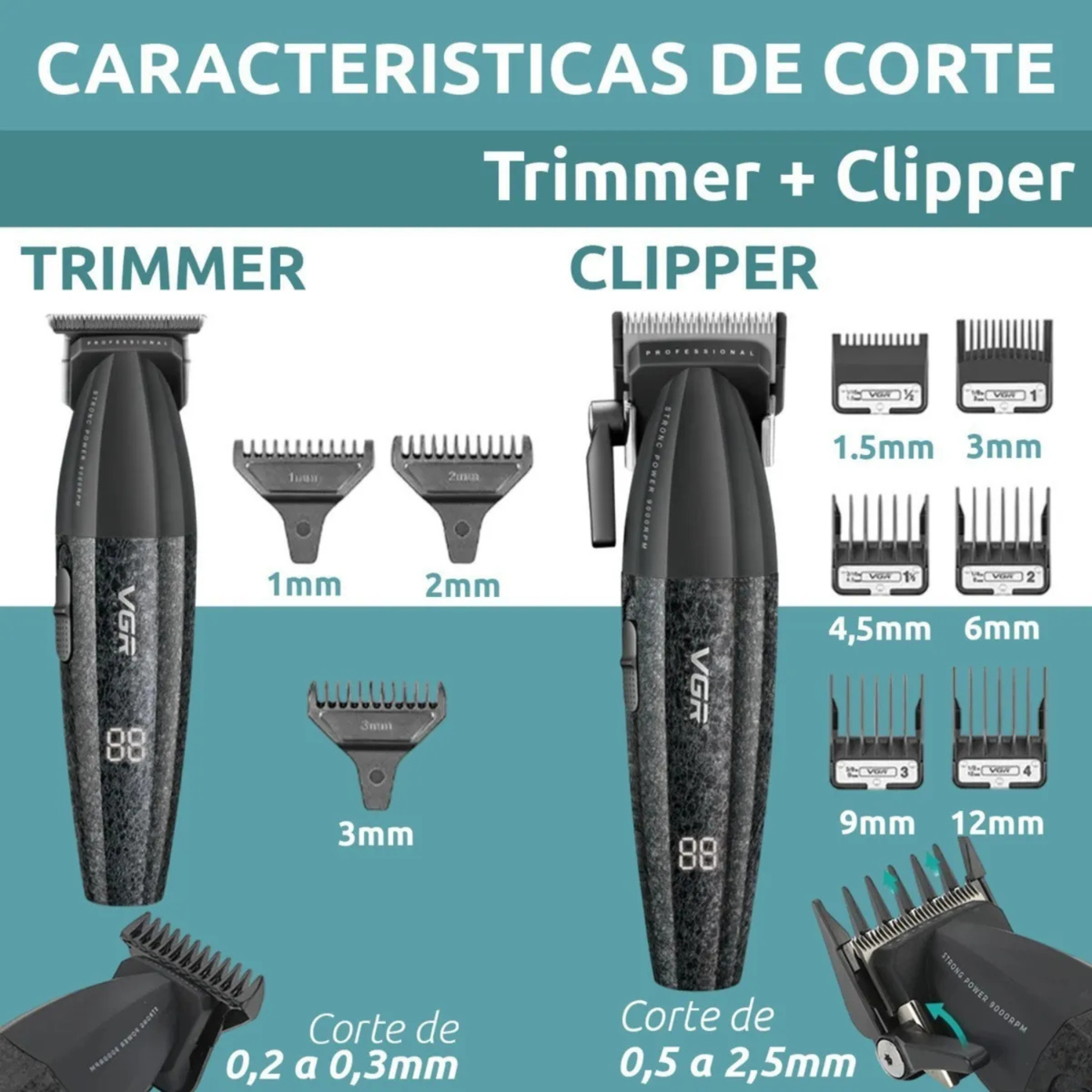 Kit Máquinas Barbería Clipper Trimmer Pro Vgr V-640 9000 Rpm Negro