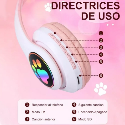 Auriculares Bluetooth Manos Libres para Niños Orejas de Gatito & Luces Color Lila