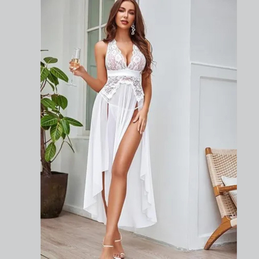 Vestido Lencería Sexy Mujer Encaje Transparente + Tanga Blanco Xl