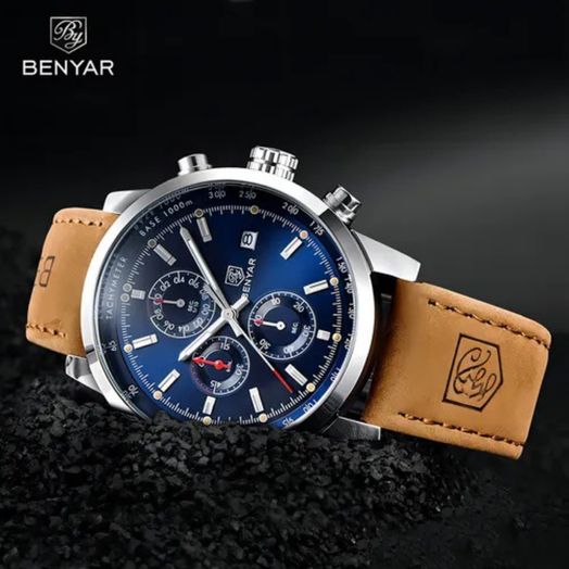 Benyar Reloj Blue para hombre, correa de piel y cristal de cuarzo