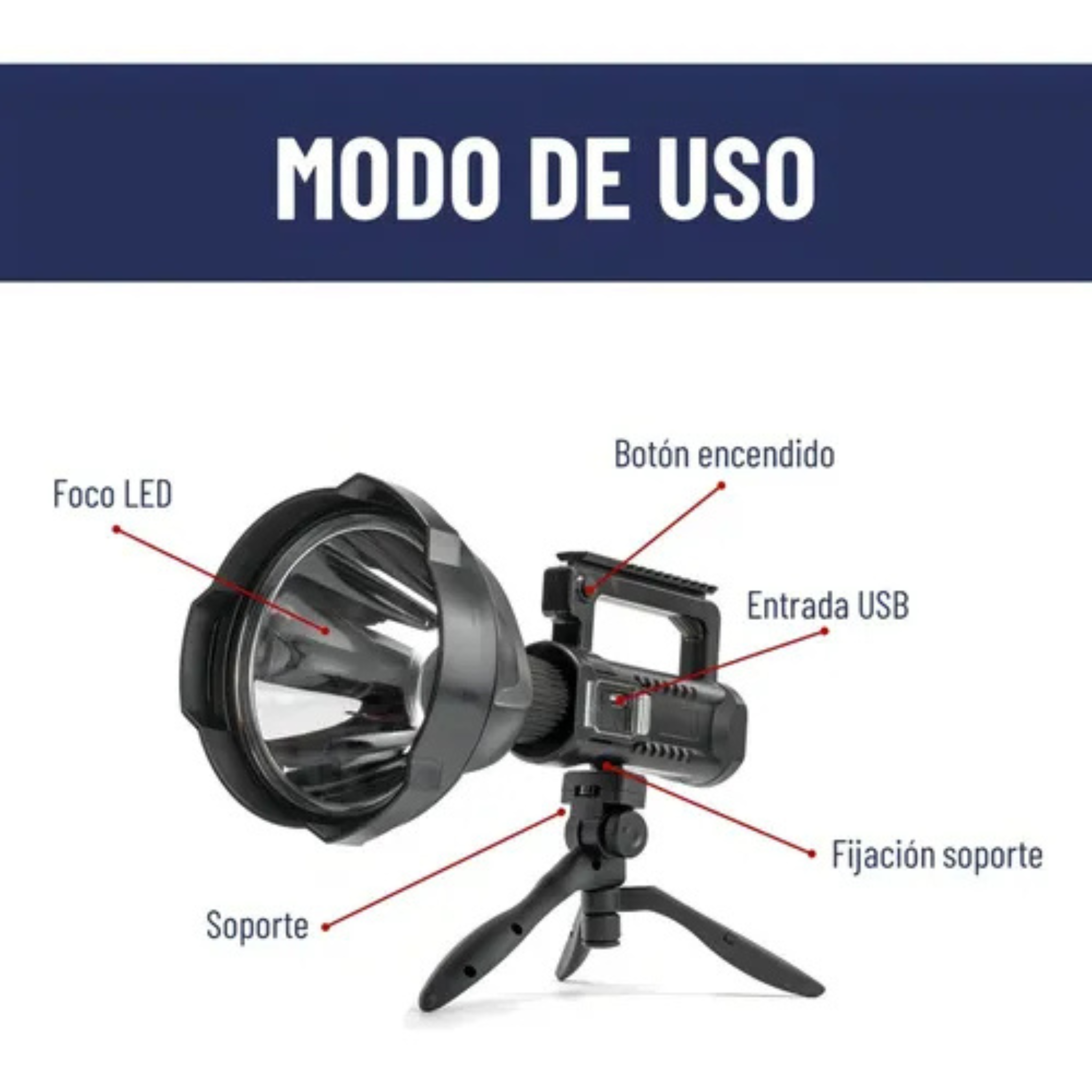 Foco Reflector Led Linterna Largo Alcance Batería Recargable color negro